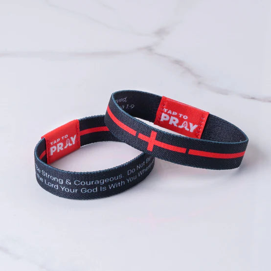 "Tap To Pray" Fire Fighter - First Responders Wristbands with text on a white background showing the two reversible sides to it