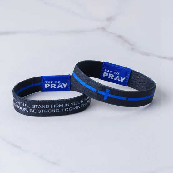 "Tap To Pray" Law Enforcement - First Responders Wristbands with text on a white background showing the two reversible sides to it