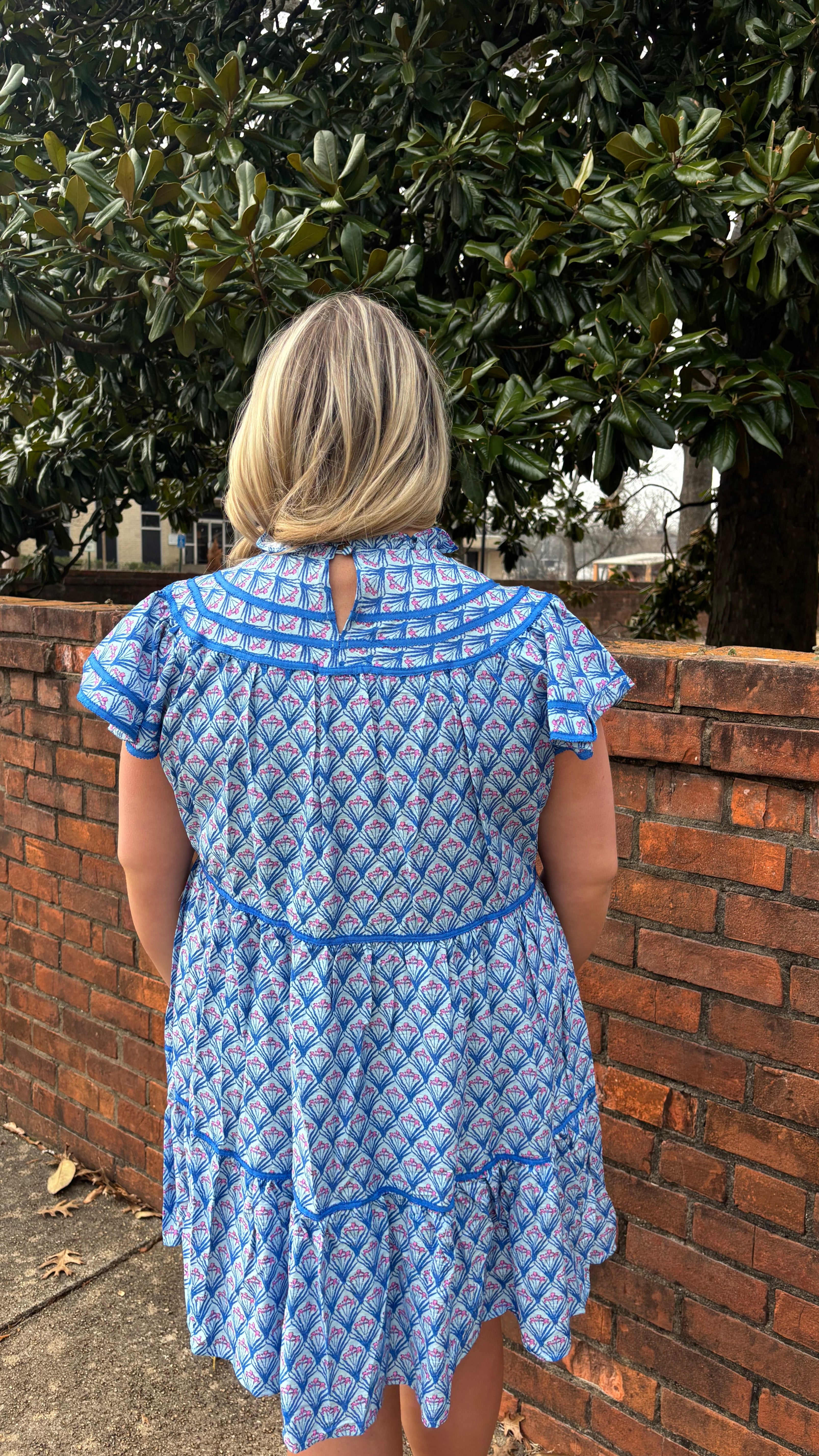 Person wearing a blue patterned dress standing infront a brick path with greenery around.