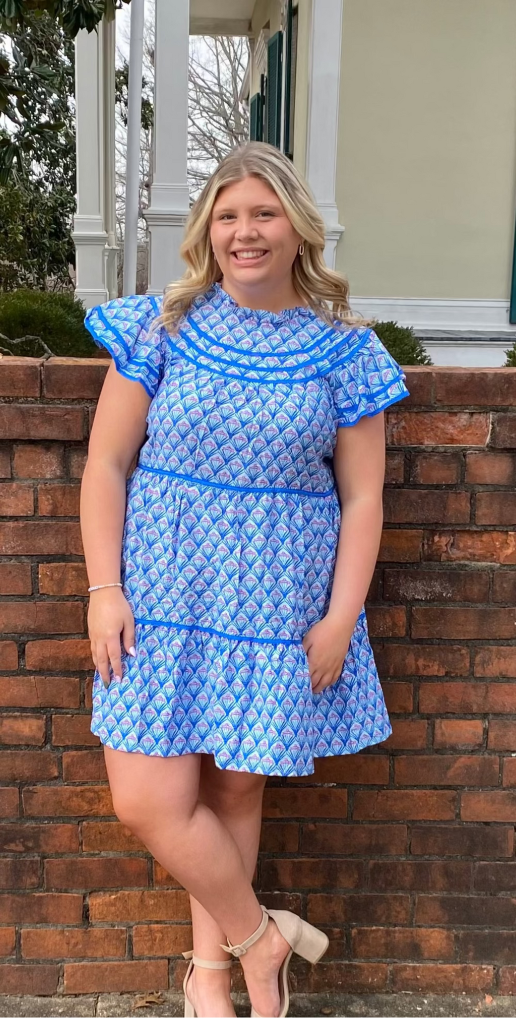 Woman in a blue dress standing against a brick wall with a house in the background