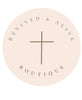 Round logo for 'Revived & Alive Boutique' with a cross symbol on a beige background